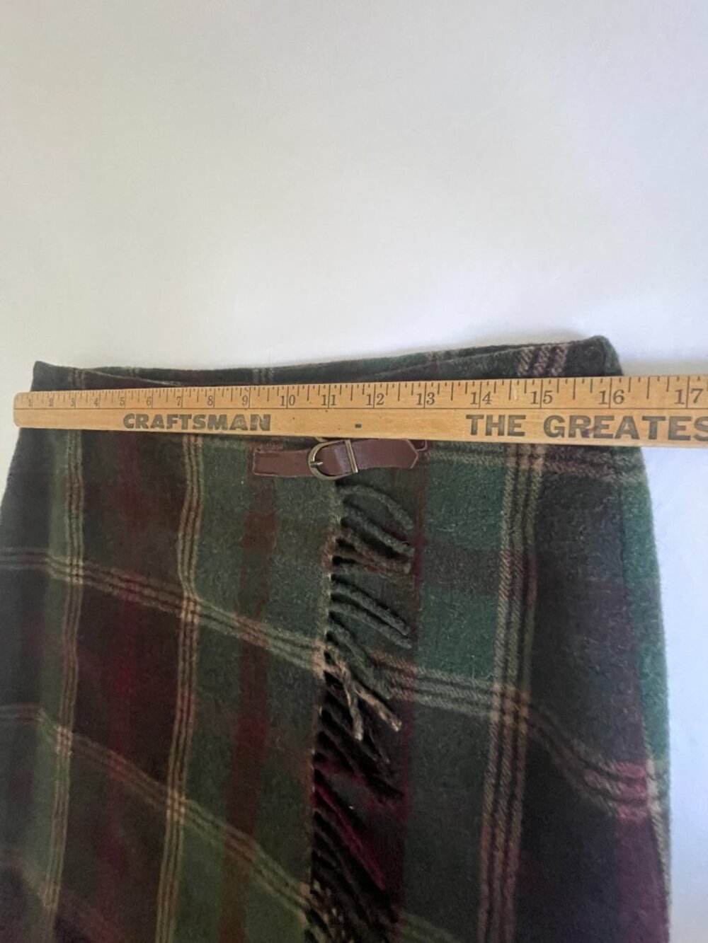 Bob Timberlake Wool Plaid Fringe Wrap Skirt 10 Leather Buckles - Picture 9 of 9